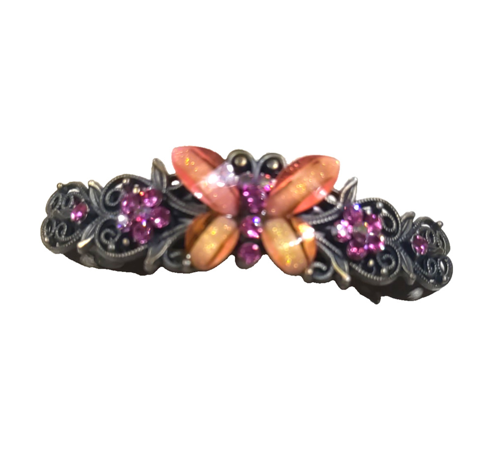 Gun Metal Gray Tension Clip Peach Orange Pink Rhinestone Butterfly